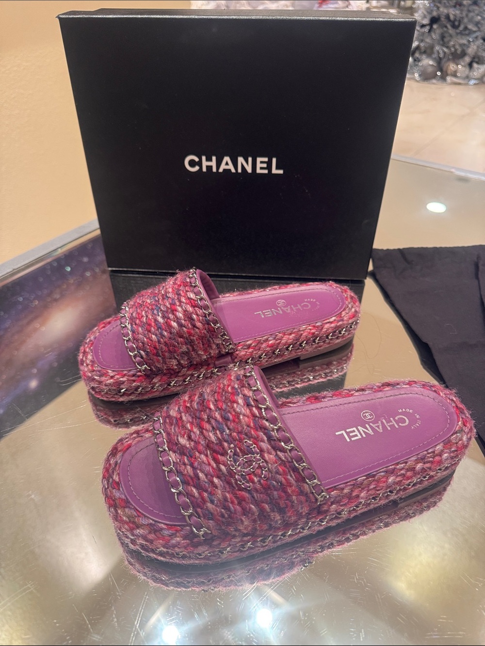 Chanel Tweed Purple Slides